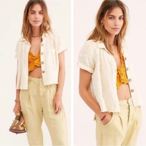 Free People Tops - We The Free Away at Sea Linen Blend Short Sleeve Button Down Raw Hem Top S